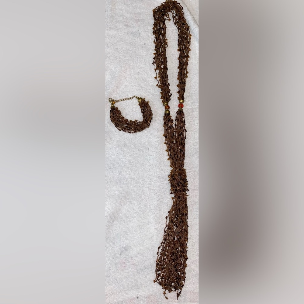Vintage Brown Beaded Necklace and Bracket set